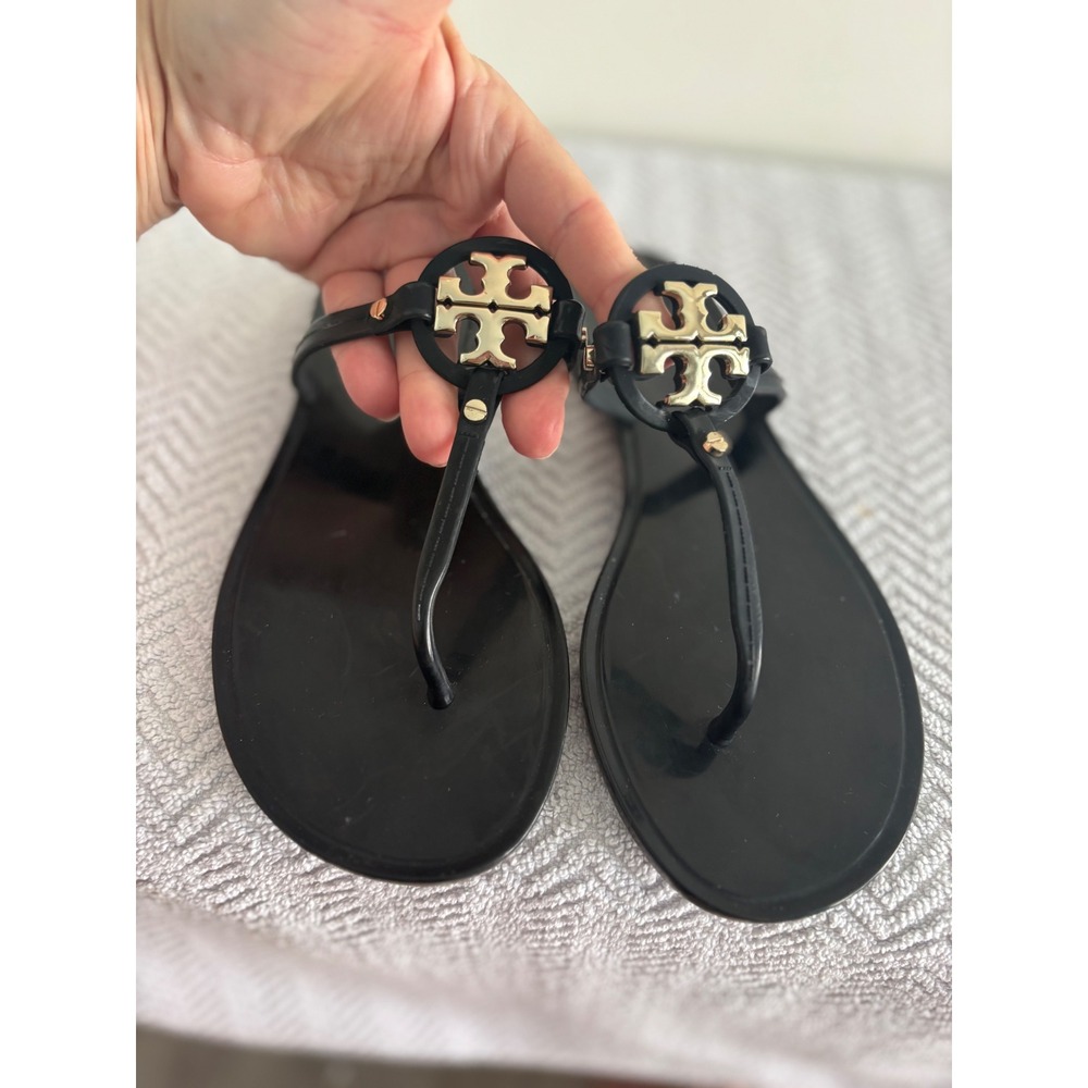 Tory Burch Miller Jelly Thong Sandals Black Gold Logo Flip Flop 7 51148678